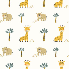 Childrens animals pattern with tropical plants. Childish cute print design with african animals and palm and hand drawn elements. Kids nursery scandinavian cartoon characters.