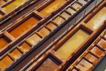 Obraz premium A row of rusty barrels filled with brown liquid