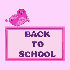 Back to school: A bird standing on a frame with letters and, a soft pink background.