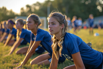 Pre-Game Stretching: Female Soccer Team Players Prepare - Powered by Adobe