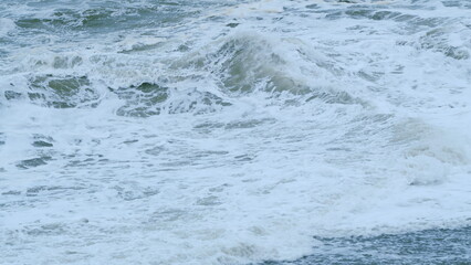 Vitality Of Blue Energy And Dark Water. Huge Sea Waves Crash Powerfully In Storm. Static.