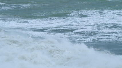 Stormy Weather On Sea. Crashing Waves With Foamy White Texture. Static.