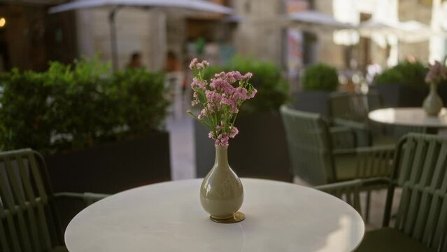 Vibrant pink flowers in a vase placed on a restaurant table in lecce, puglia, with blurred outdoor seating area in the background.