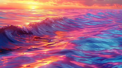 The vibrant colors of a sunset reflected in the rippling waves of the ocean.