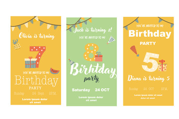 Childrens birthday invitation posters set. Can used for birthday party, childish design. Cute animals and gifts. Tropical animals party invite backgrounds set.