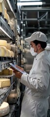 Closeup of a man in a white uniform using a tablet to monitor the ripening process of cheese wheels, detailed view of the digital interface and cheese aging shelves, farm setting with traditional chee