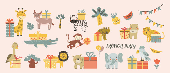 Childrens animals set. Cute african animals collection with gifts. little wild pets for Childish postcard. Celebration tropical characters with presents and cakes. Animals party set.