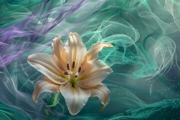 Resplendent lilies unfurling amidst a canvas of celestial lavender and emerald threads
