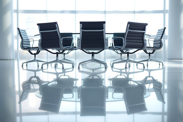 Fototapeta premium A meeting room with tables and chairs arranged to accommodate important meetings