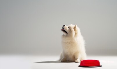 Chow Chow sitting on the ground with its tongue out and looking up at an empty red dog bowl placed in front of it