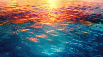 The vibrant colors of a sunset reflected in the rippling waves of the ocean.
