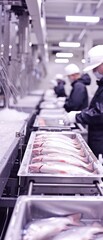 Obraz premium Detailed view of the fish sorting process in a modern aquaculture plant, conveyor belt transporting fish while workers check for quality, focus on shiny scales and clean water spraying system, industr