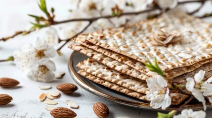 Matzo, decorated with almond flowers. On a white background. Pesach celebration concept