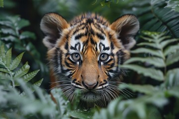 Obraz premium Baby Tiger: A curious tiger cub with orange fur and black stripes, prowling through the dense jungle foliage.