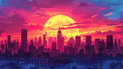 Fototapeta premium A vibrant, hand-drawn illustration of a city skyline at sunset, with bold, exaggerated features and a stylized, cartoonish aesthetic.