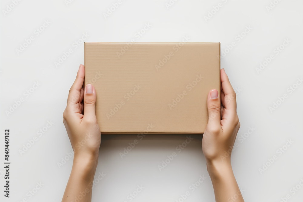 Wall mural minimalistic cardboard box in hands for modern packaging, woman holding cardboard box mockup on whit