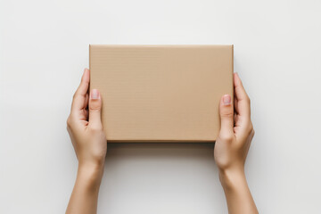 minimalistic cardboard box in hands for modern packaging, woman holding cardboard box mockup on white background