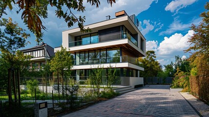 Obraz premium Contemporary multistorey house exterior against trees with pavement under blue sky : Generative AI