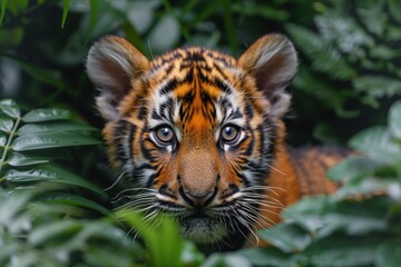 Fototapeta premium Baby Tiger: A curious tiger cub with orange fur and black stripes, prowling through the dense jungle foliage.