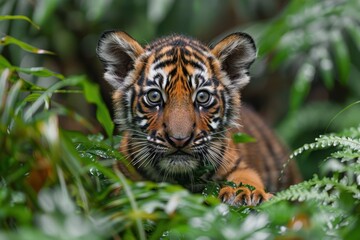 Fototapeta premium Baby Tiger: A curious tiger cub with orange fur and black stripes, prowling through the dense jungle foliage.