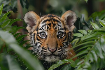 Baby Tiger: A curious tiger cub with orange fur and black stripes, prowling through the dense jungle foliage.