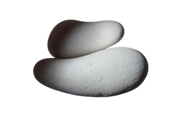 Pair of smooth sea stones or pebbles. Two smooth gray sea pebbles with shadow isolated on white background. Zen.