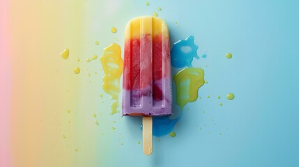 A colorful popsicle with vibrant layers of yellow, red, and purple, melting on a pastel background.