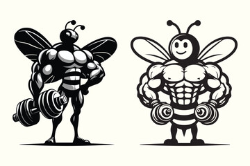 Set of bodybuilder Bee silhouettes cartoon characters, vector illustration. logo designs