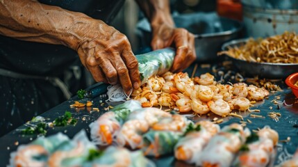 The photo shows a person making fresh spring rolls. The spring rolls are made with shrimp, rice paper, and vegetables. This photo is taken in Vietnam.