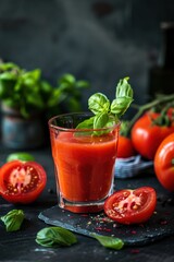 Fresh Tomato Juice With Herbs and Whole Tomatoes on Wooden Surface