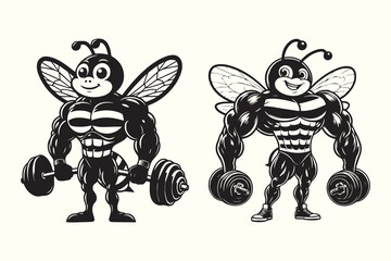 Set of bodybuilder Bee silhouettes cartoon characters, vector illustration. logo designs