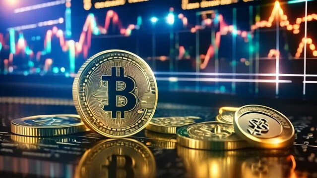 Close-up of Bitcoin and other cryptocurrency coins with a digital trading chart in the background. The image represents the dynamic world of cryptocurrency trading and digital finance.