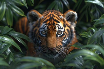 Fototapeta premium Baby Tiger: A curious tiger cub with orange fur and black stripes, prowling through the dense jungle foliage.