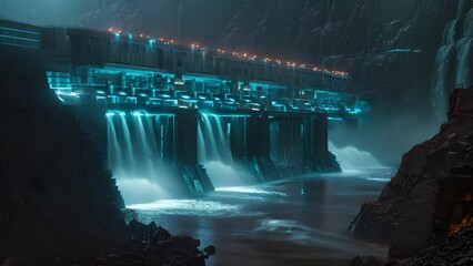 A striking image of a futuristic hydroelectric dam illuminated with neon blue lights, set within a rocky canyon. The scene showcases the advanced technological infrastructure and the dynamic flow 