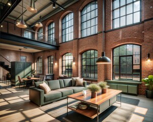 Fototapeta premium A large living room with a green couch and a wooden coffee table