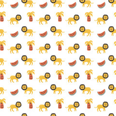 Childrens animals pattern with tropical plants. Childish cute print design with african animals and palm and hand drawn elements. Kids nursery scandinavian cartoon characters.