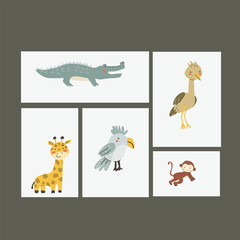Childrens animals posters set. Nursery design. Cute baby african animals cards. Hand drawn wild pets posters collection.