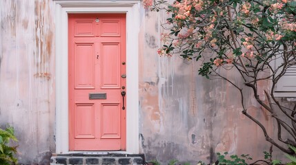Naklejka premium Pink Serenity A Charleston Charm Southern Elegance A Pink Door Snapshot Colorful Charm Southern Living Front Porch Decor Peach Door Pink Door : Generative AI
