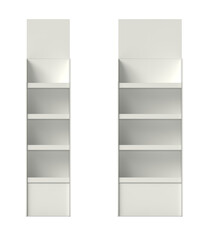 Front view of retail temporary cardboard POS displays. 3d illustration set transparent background