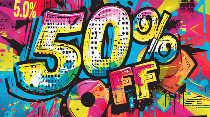 Vector illustration of big text "50% OFF" on a colorful background, in the style of graffiti, in the style of pop art, digital painting, highly detailed, high resolution