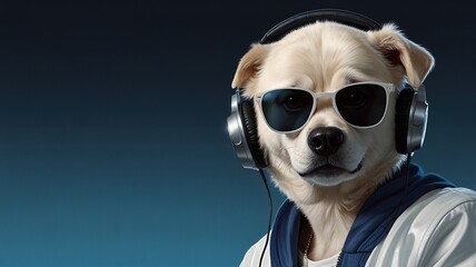 a Dog head in sunglasses and headphones wearing a white jacket, and listening to music against a pink and blue background