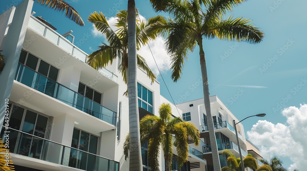 Poster modern apartment building or house with palm trees at miami view from road : generative ai