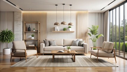 Modern living room with minimalist furniture and neutral color palette, modern, living room, minimalist