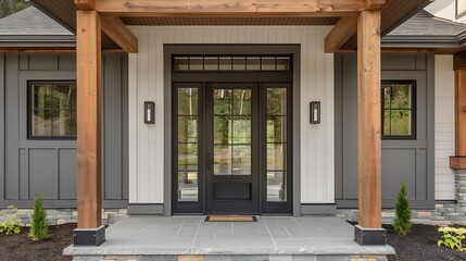 A grey modern farmhouse front door with a covered porch wood front door with glass window and grey vinyl and wood siding : Generative AI