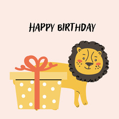 Childrens animal card Lion with congratulation text. Cute african animal celebration design. Greeting card with little wild pet for Childish postcard.