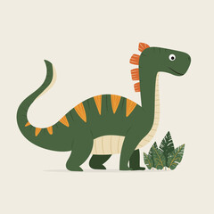 Fototapeta premium Cartoon children's cute dinosaur illustration on beige isolated background. Prehistoric green dinosaur with orange spikes in children's cartoon style. For birthday decor, cards, invitations.