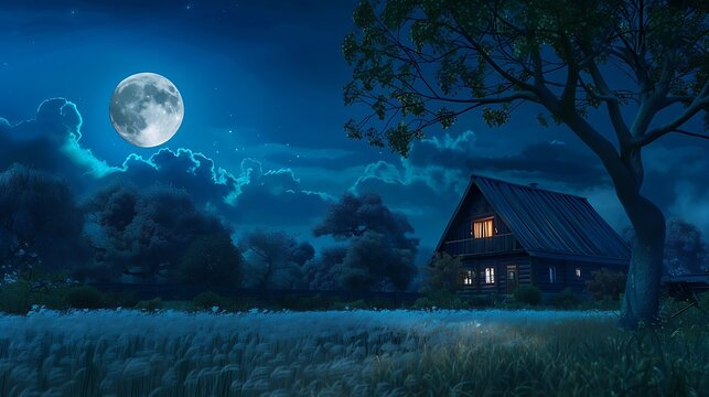 house exterior village house village trees blue new natural light mystic night moon landscape journey meadow images idyllic horizon evening environment dramatic countryside bright : Generative AI
