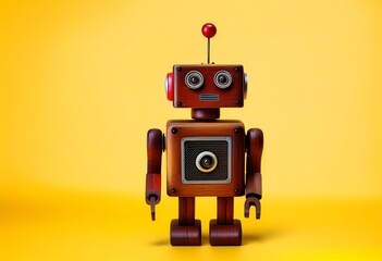 Fototapeta premium A vintage wooden robot toy standing on a white background