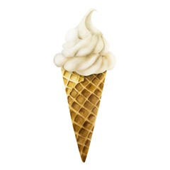Scoop of vanilla ice cream in crispy waffle cone. Hand painting sweet watercolor illustration isolated on background. For designers, menu, shop, decora