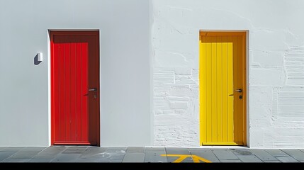 Red and yellow door side by side on white building facade basking in sunlight : Generative AI
